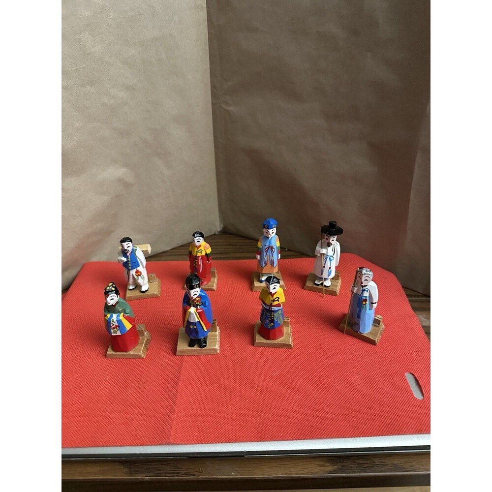 Vintage Hand Crafted  Hand Painted Wooden Korean Figurines 8 Pieces